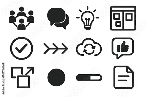 Business and communication silhouette icon set. featuring team, chat, idea, check, sync, thumbs up, and document icons