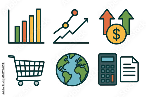 Economic growth and finance linear icon set. featuring analytics, growth, money, shopping cart, globe, calculator, document.
