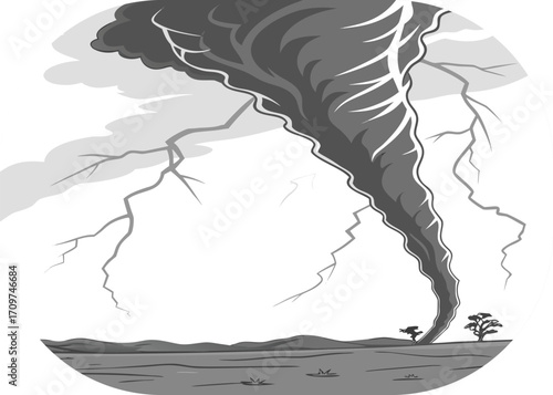 Dramatic Tornado With Lightning Strikes Over A Barren Landscape In Grayscale Keywords: tornado, twister, storm, weather, natural