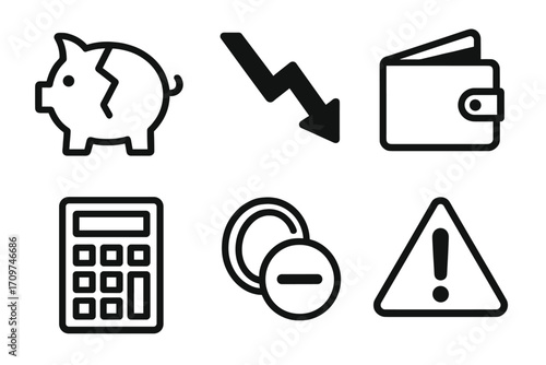 Finance and economy silhouette icon set. featuring piggy bank, down arrow, wallet, calculator, coins, warning symbols