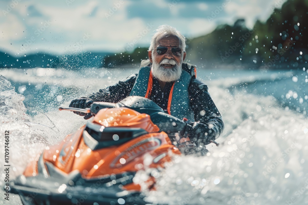 Obraz premium Happy senior man riding a jet ski, enjoying speed, freedom and adventure on the ocean