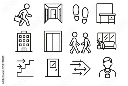 Workplace linear icon set. featuring office, desk, elevator, stairs, meeting, and walk symbols
