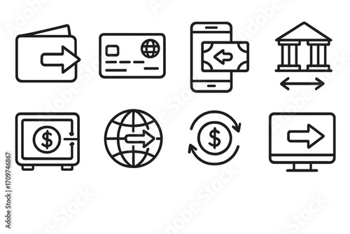 Finance linear icon set. featuring wallet, credit card, mobile payment, bank, safe, global transfer, currency exchange, and online banking