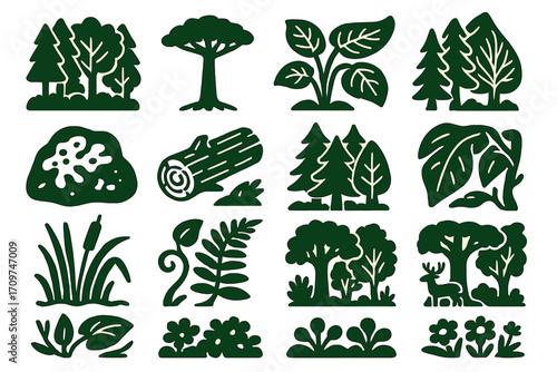 Nature and wildlife silhouette icon set. featuring forest, tree, leaf, log, and deer symbols