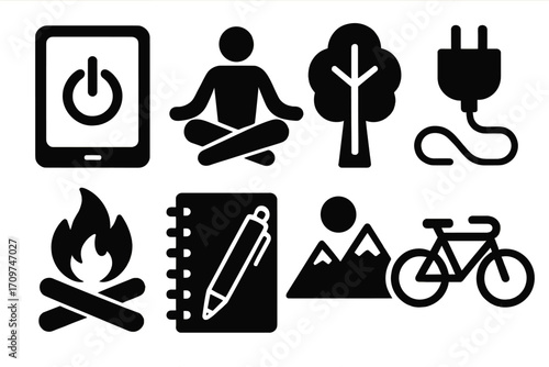 Nature and lifestyle silhouette icon set. featuring tablet, meditation, tree, plug, campfire, notebook, mountains, and bicycle