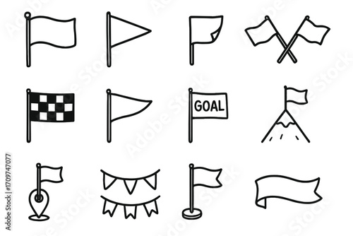 Flags linear icon set. featuring plain, triangular, checkered, goal, crossed, and location symbols