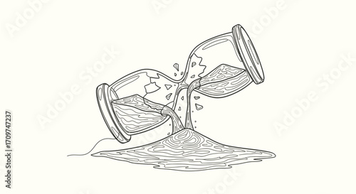 Vector art of detailed monochrome drawing of a broken hourglass with sand spilling out, symbolizing time running out