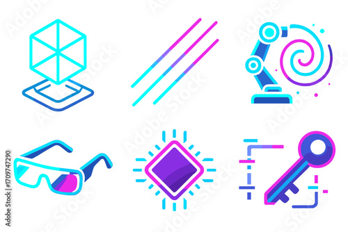Technology and science glow icon set. featuring vr headset, ai chip, quantum computing, and robotics symbols