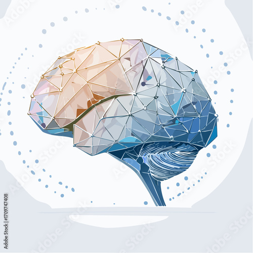 A futuristic low-poly human brain rendered with crystalline facets, symbolizing advanced thought, artificial intelligence, and complex neurological processes in a digital age