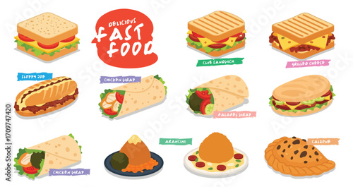Fast food. club sandwich, BLT, grilled cheese, sloppy joe, quesabirria, chicken wrap, falafel wrap, pita sandwich, arancini, calzone. Flat vector illustrations isolated on a white background