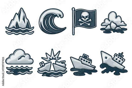 Nature and marine flat icons set. featuring mountain, wave, pirate flag, clouds, iceberg, and ship