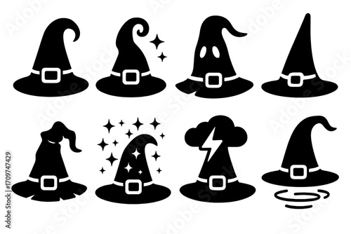 Wizard hat silhouette icon set. featuring classic, spooky, starry, ghost, and stormy hat designs