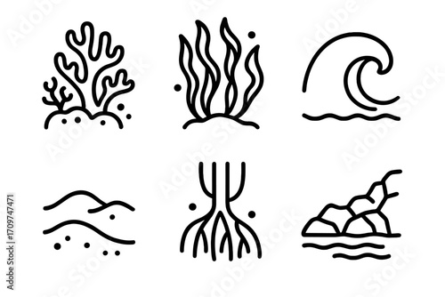 Marine elements silhouette icon set. featuring coral, seaweed, wave, sand, roots, and rocks symbols