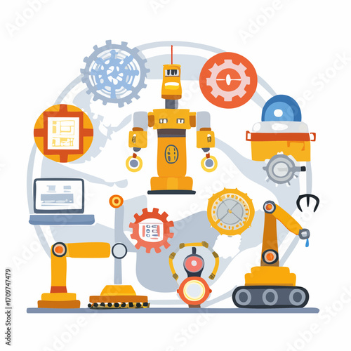Advanced robotics and artificial intelligence concept featuring a collection of industrial robots, automation elements, and mechanical parts
