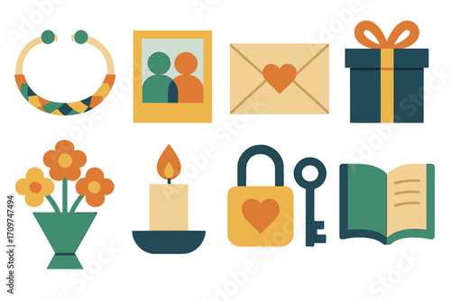 Celebration flat icon set. featuring gift, photo, love letter, key, lock, candle, book, and flowers