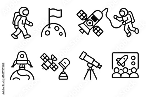 Space exploration linear icon set. featuring astronaut, moon, satellite, rocket, telescope, and space presentation icons