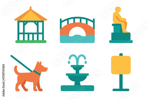 Park and garden neon silhouette icon set. featuring gazebo, bridge, statue, dog, fountain, lamp