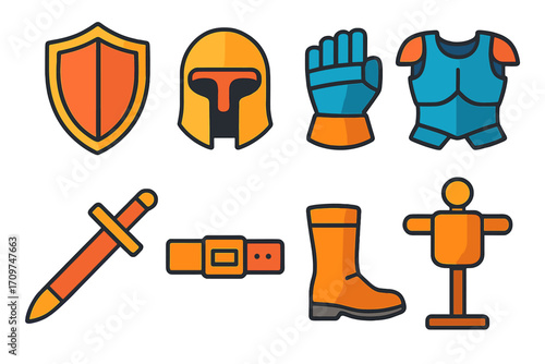 Medieval armor flat icon set. featuring shield, helmet, gauntlet, chestplate, sword, belt, boot, mannequin