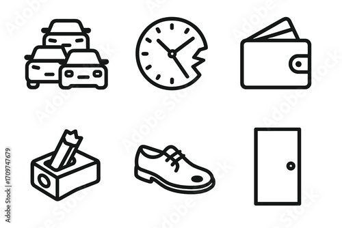 Car service silhouette icon set. featuring vehicles, clock, wallet, box, shoe, door symbols