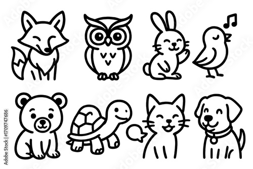 Animal linear icon set. featuring fox, owl, rabbit, bird, bear, turtle, cat, and dog symbols
