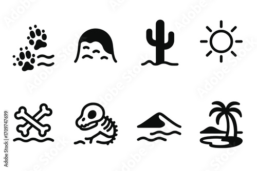 Desert adventure silhouette icon set. featuring footprints, cactus, sun, oasis, skull, desert, bones, and waves