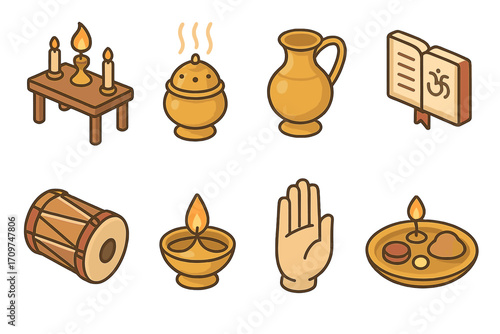 Indian culture flat icon set. featuring diya, incense, jug, scripture, drum, greeting, and thali symbols