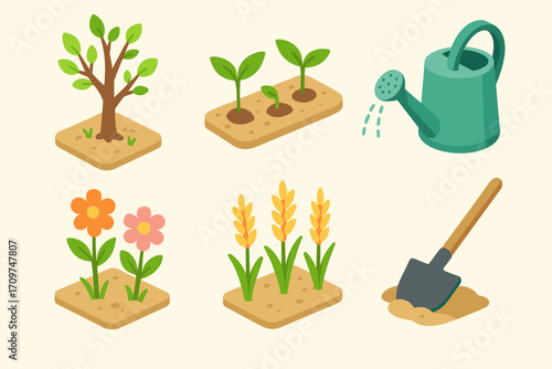 Gardening flat icon set. featuring tree, seedlings, watering can, flowers, wheat, and shovel