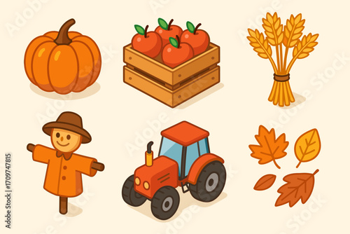 Autumn harvest flat icon set. featuring pumpkin, apples, wheat, scarecrow, tractor, and leaves
