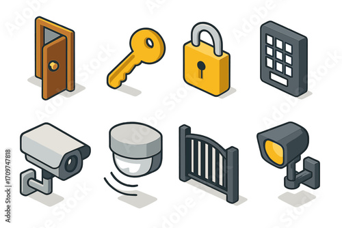 Security devices flat icons set. featuring door, key, lock, keypad, camera, detector, gate, and spotlight