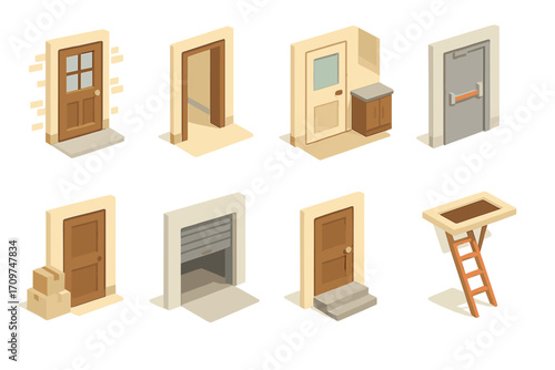 Building access isometric icon set. featuring door, elevator, ladder, exit, garage, entrances, and windows