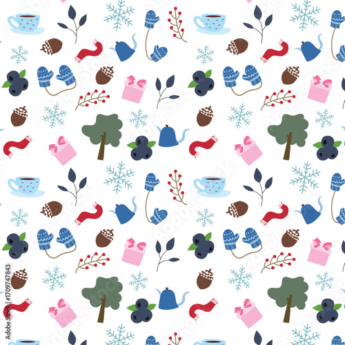 Cozy winter pattern with mittens and hot drinks