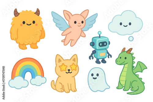 Fantasy creatures flat icon set. featuring monster, fairy, robot, cloud, rainbow, cat, ghost, dragon