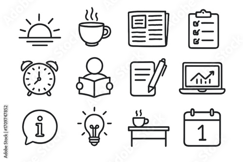 Daily routine chalk icon set. featuring sunrise, coffee, newspaper, checklist, alarm, reading, writing, chart, information, lightbulb, desk, calendar symbols