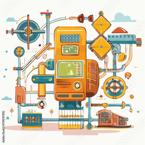 Conceptual vector graphic of an elaborate and fantastical industrial system, representing innovation, automation, and complex processes