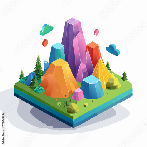 A creative digital concept of a stylized natural world, featuring vibrant, geometric low-poly mountains on an isometric floating island
