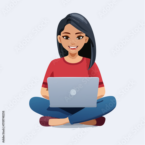 A smiling young woman sitting cross-legged on the floor, happily working or studying on her laptop. A flat vector illustration of a female student or freelancer concept