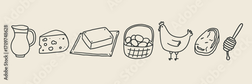 Farm Food Produce Line Icon. Farmer Product Market Pictogram Milk, Cheese, Butter, Egg, Chicken, Meat, Honey. Doodle Vector Illustration
