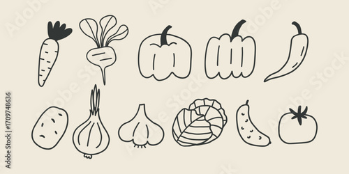 Handdrawn Food Vegetable Set. Vintage Cook Dinner Menu. Vector Doodle Illustration
