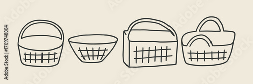Wicker Basket Hand Drawn Set. Vintage Items for Picnic and Food Shop. Sketch Simple Vector Illustration