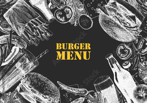 Burger Menu. Hand-drawn illustration of dishes and products. Ink. Vector	