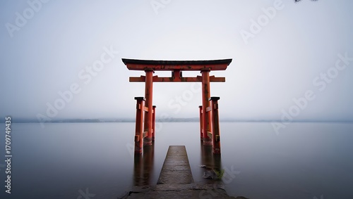 Serene japanese torii gate standing in calm water under a misty sky