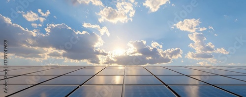 A solar panel installation under a clear blue sky with radiant sunlight.