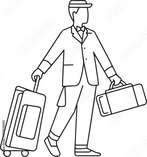 Bellhop with luggage walking on white background Keywords: bellhop, porter, luggage, suitcase