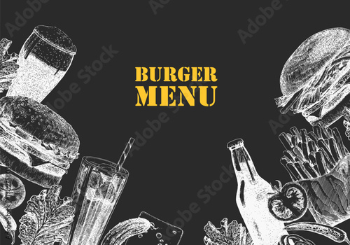 Burger Menu. Hand-drawn illustration of dishes and products. Ink. Vector	