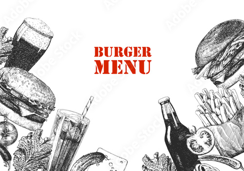 Burger Menu. Hand-drawn illustration of dishes and products. Ink. Vector	