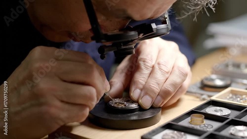 An experienced artisan meticulously repairs a complex mechanical watch movement, showcasing dedication to precision and traditional horological skills.