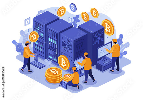 Isometric Bitcoin Mining Farm and Cryptocurrency Server Maintenance Illustration