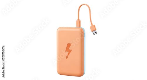 Isolated portable power bank with USB charging cable, orange case and lightning bolt symbol