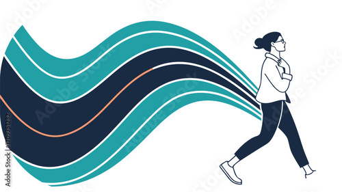 Woman in glasses walking with flowing abstract colorful lines behind her business career