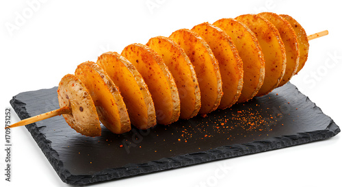 Spiral Twisted Tornado Potato on Skewer Seasoned with Spices and Chili Powder on Black Slate Board